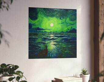 Neon Green Post-Impressionism Calm Seas Poster // Ships in the Ocean Poster // Van Gogh Style Poster // Designer Poster // Modern Wall Art