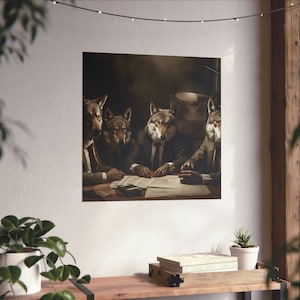 Wolf Interrogation // Top Dawgs // Wolf Wall Art // Wolves in Suits // Wolf Lovers Decor // Grey Wolf // Dark Business Meeting Art //