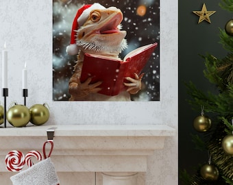 Villancico de dragón barbudo // Impresión de arte de pared con alegría festiva divertida // Decoración navideña // Decoración del hogar // Regalo para amantes de los reptiles