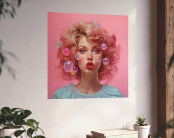 Blonde Bubble Gum Girl // Bubble Gum Pink // Blonde Girl Wall Art // Stunning Woman Decor // Bubbles // Vibrant Pink Poster // Surreal Woman