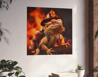Póster de dragón barbudo de bombero // Arte mural de dragón barbudo en uniforme // Póster de humor de reptiles // Arte mural de dragón barbudo como humano