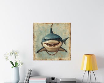 Impresión artística de tiburón con cadena caprichosa // Decoración de pared náutica // Regalo para amantes del océano // Arte único para el hogar // Decoración vintage para casa de playa