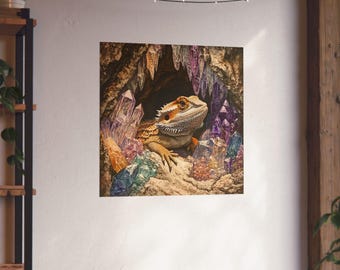 Arte mural de cueva de cristal de dragón barbudo // Pósters verticales mate para amantes de los reptiles // Hermoso póster de cueva de cristal // Reptiles y cristales