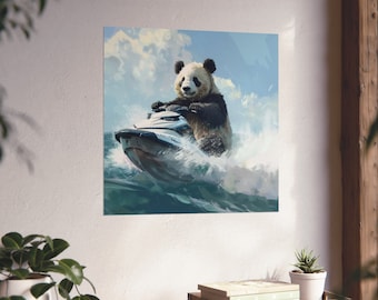 Panda Jet Skiing Poster // Abstract Jet Ski Wall Art // Vibrant Ocean Poster // Funny Animal Humor Poster // Asian Panda Bear Poster