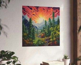 Paisaje de montaña con jardín de marihuana // Paisaje al atardecer // Arte mural con cultivo de marihuana // Arte para amantes de la marihuana // Arte con bong // Arte psicodélico // Montañas nevadas