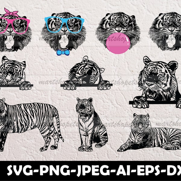 Tiger Svg, Tiger Svg Bundle, Tiger Svg For Cricut, Tiger With Bandana-Sunglasses-Bubble, Tiger Layered Svg-Eps-Dxf, Vector Funny Tiger Svg