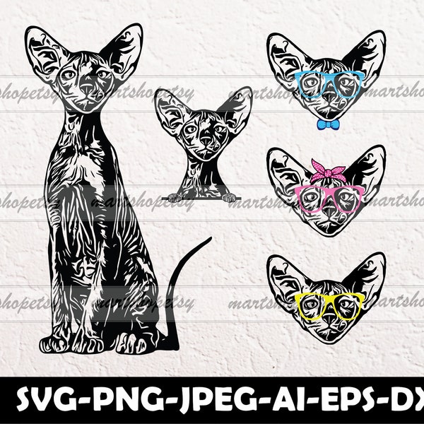 Peterbald Cat Svg Bundle, Peterbald Cat Svg For Cricut, Peterbald Cat With Bandana-Sunglasses, Cats Face Svg, Cats Clipart Svg, Pets Svg-Png