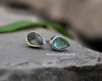 Handmade Pear Labradorite Stud Earrings: 925 Sterling Silver