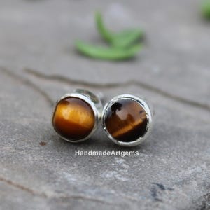 Natural Tiger Eye Stud Earrings: Dainty 925 Silver Gemstone Studs
