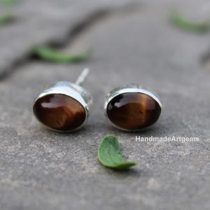 Natural Tiger Eye Stud Earrings-Dainty Studs, Minimalist Stud Earrings, Gemstone Earrings-Yellow Tiger eye stud - 925 Silver stud earrings