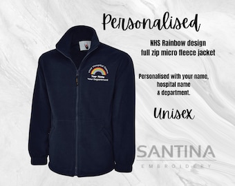 Personalised Rainbow NHS Logo Fleece Jacket, custom name, nurse, hospital department, NHS Embroidered Logo staff uniform, embroidered work