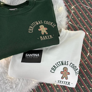 Embroidered Christmas couples family sweatshirts. Christmas cookie baker or tester jumper. Matching sweaters his and hers best friend gift
