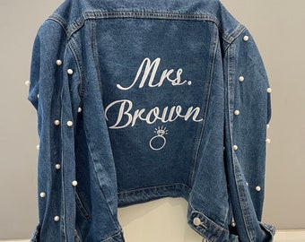 custom bride to be wifey denim jacket, embroidered jean jacket for bride. hen party bachelorette outfit, honeymoon wedding outfit.bride gift