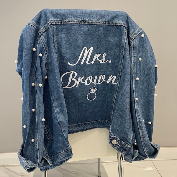 custom bride to be wifey denim jacket, embroidered jean jacket for bride. hen party bachelorette outfit, honeymoon wedding outfit.bride gift