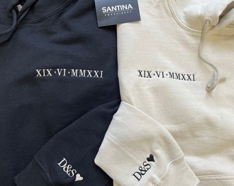 embroidered anniversary matching roman numeral hoodies, gift for boyfriend girlfriend, wedding, custom hoodie, couple hoodies, couple gifts