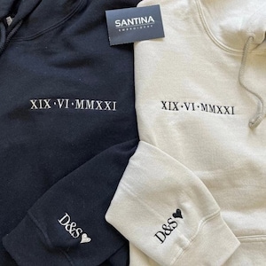 Custom Roman numeral embroidered anniversary hoodie VALENTINES, personalised couple gifts, birthday wedding gf/bf husband wife initials gift