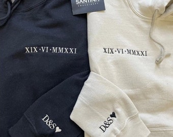 Custom Roman numeral embroidered anniversary hoodie VALENTINES, personalised couple gifts, birthday wedding gf/bf husband wife initials gift