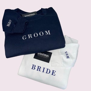 Personalised embroidered bride groom wifey hubby sweatshirt. initials sleeve, wedding sweatshirt, honeymoon outfits, anniversary couple gift
