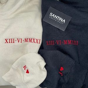 Embroidered Roman numeral anniversary hoodies. Matching hoodies for couples, special date, initials hoodie, boyfriend girlfriend couple gift