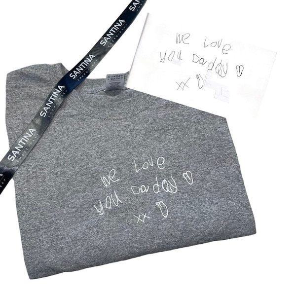 Personlig broderad t-shirt, barnteckning med handskrift, sentimental present