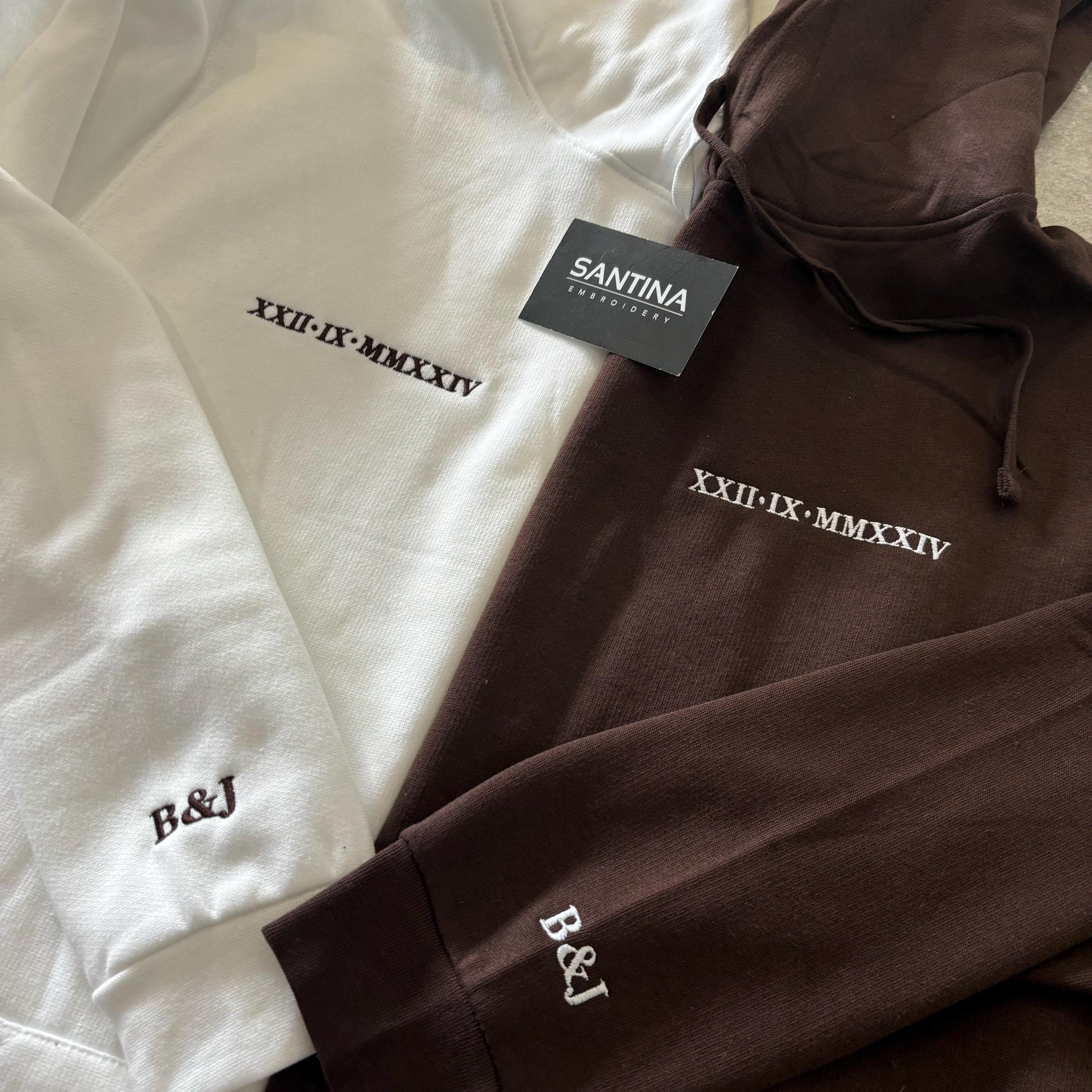 Personalized embroidered roman numeral anniversary date matching hoodies, Christmas gift boyfriend girlfriend, husband wife couple gift his