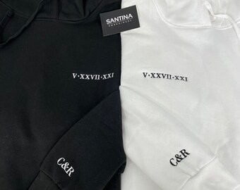 Embroidered Roman Numeral Couple Hoodies, Personalized Anniversary Gift