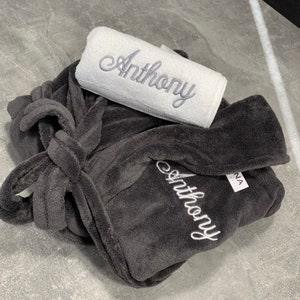 Personalised embroidered bathrobe towel giftset men women unisex mr mrs his hers couple gift dad grandad dressing gown housecoat