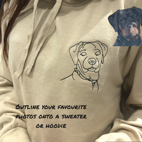 Custom embroidered pet portrait hoodie sweater, dog, line art graphic portrait , special gift, memory, pet condolences, loss gift loved