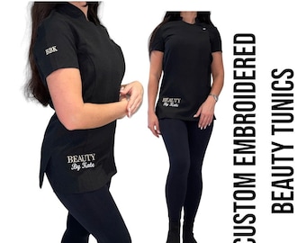 Custom embroidered beauty tunic, salon uniform, lash nail tech make up artist aesthetics workwear, overall, personalised business name