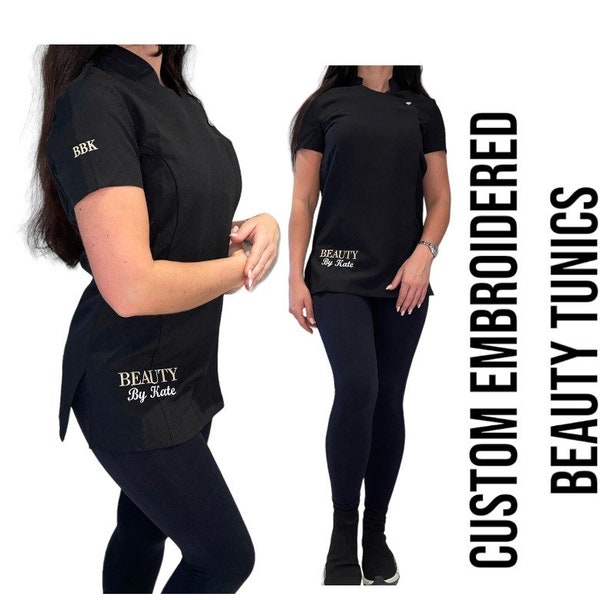 Custom embroidered beauty tunic, salon uniform, lash nail tech make up artist aesthetics workwear, overall, personalised business name