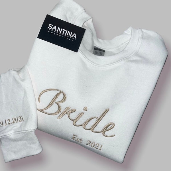 Personalised embroidered bride wedding wife fiancee married sweatshirt crew neck, jumper, gift for her wife bridesmaid hen , custom sweater