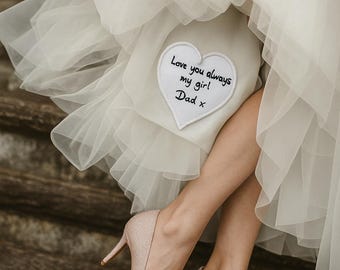 Custom wedding dress handwritten embroidered patch. Something blue for bride, gift to bride from mum dad grandparents, keepsake special gift