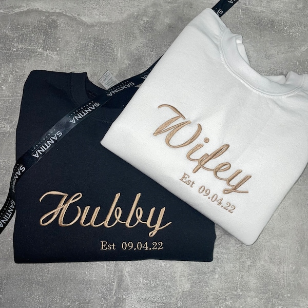 Personalised embroidered bride wifey hubby sweatshirts jumper hoodie. couples matching sweatshirts, wedding, engagement anniversary, mr mrs