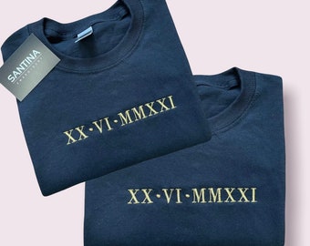 personalised embroidered roman numeral anniversary date t-shirts, custom tees, unisex oversize tshirts, couple gift, his and hers matching