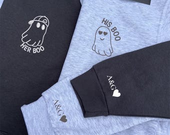 Felpe abbinate con ricamo a tema fantasmi per coppie, "His Boo Her Boo", regalo personalizzato per l'anniversario.