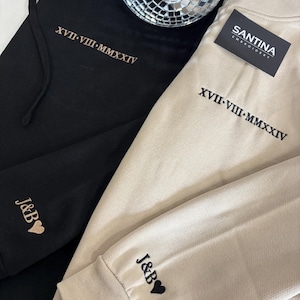 Custom Roman Numeral Date Hoodie ,Personalised Embroidery with Initials ,Matching Couple Sweatshirts Anniversary Gift Christmas