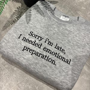 Könnte beinhalten: Ein hellgraues Sweatshirt mit dem gestickten Text "Sorry I'm late, I needed emotional preparation." Das zusammengefaltete Rundhals-Sweatshirt hat ein Farnmuster im Hintergrund.