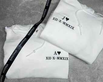 Geborduurde hoodies voor koppels, Romeinse cijfers verjaardag, initialen