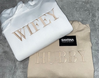 custom wifey hubby embroidered matching couple wedding sweatshirt or hoodies, wedding breakfast outfit, honeymoon hoodie, anniversary gift,