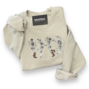 Fun embroidered Halloween sweatshirt, dancing skeleton crewneck fall autumn sweater, Halloween out fit, cute fun jumper for Halloween fun