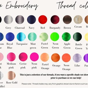 May include: A color chart for Santina Embroidery threads, featuring a variety of colors. The chart includes shades like white, black, grey, navy, red, and various shades of blue, green, pink, orange, and purple. Text at the top reads "Santina Embroidery Thread colours."