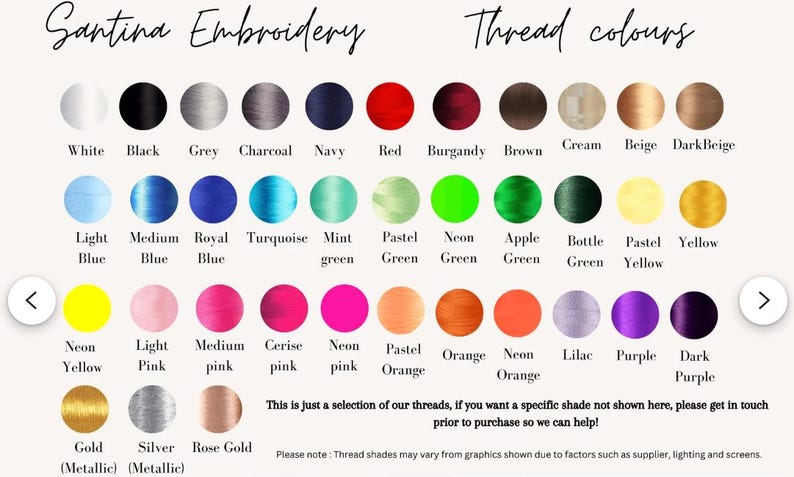 May include: A color chart for Santina Embroidery threads, featuring a variety of colors. The chart includes shades like white, black, grey, navy, red, and various shades of blue, green, pink, orange, and purple. Text at the top reads "Santina Embroidery Thread colours."