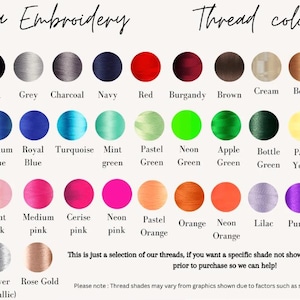 Puede incluir: Una tabla que muestra una variedad de colores de hilo para bordar. Los colores est&aacute;n organizados en filas y columnas, con etiquetas para cada color. Los colores incluyen blanco, negro, gris, carb&oacute;n, azul marino, rojo, burdeos, marr&oacute;n, crema, beige, beige oscuro, azul claro, azul medio, azul real, turquesa, verde menta, verde pastel, verde ne&oacute;n, verde manzana, verde botella, amarillo pastel, amarillo, amarillo ne&oacute;n, rosa claro, rosa medio, rosa cereza, rosa ne&oacute;n, naranja pastel, naranja, naranja ne&oacute;n, lila, morado, morado oscuro, dorado (met&aacute;lico), plateado (met&aacute;lico) y dorado rosa.