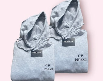 embroidered couple hoodies with roman numeral anniversary date, partners initials. coupls matching hoodies, sweatshirts,girlfriend boyfriend