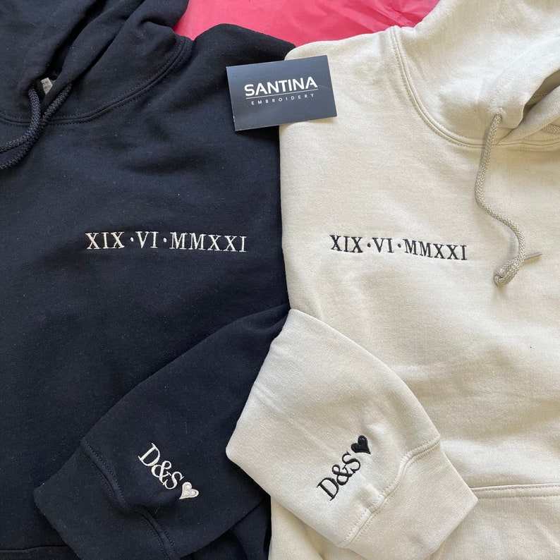 Custom date Roman numeral personalised embroidered hoody sweatshirt jumper couple gifts anniversary gf/bf lgbtq birthday wedding gifts uk 