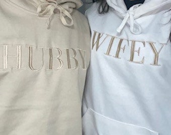 Embroidered personalised wifey hubby matching wedding hoodies, bride groom matching sweatshirts, bride to be, hen outfit, honeymoon outfits