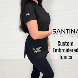 Custom embroidered beauty tunic, salon uniform, lash nail tech make up artist aesthetics workwear, overall, personalised business name