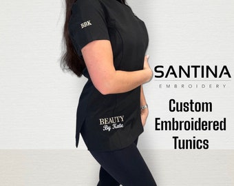 Custom embroidered beauty tunic, salon uniform, lash nail tech make up artist aesthetics workwear, overall, personalised business name