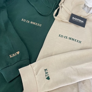roman numeral embroidered matching anniversary special date hoodies. sleeve initials, couple sweatshirts, gf bf his and hers hoodies, gift