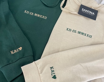 roman numeral embroidered matching anniversary special date hoodies. sleeve initials, couple sweatshirts, gf bf his and hers hoodies, gift